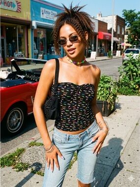 H&M Black Multicolor Leopard Cheetah Print Bandeau Tube Top Crop Stretch XS EUC